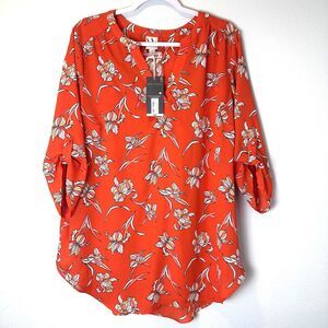 Worthington Women's Size 1X Blouse Floral Orange 3/4 Sleeve Roll- Tab Chiffon